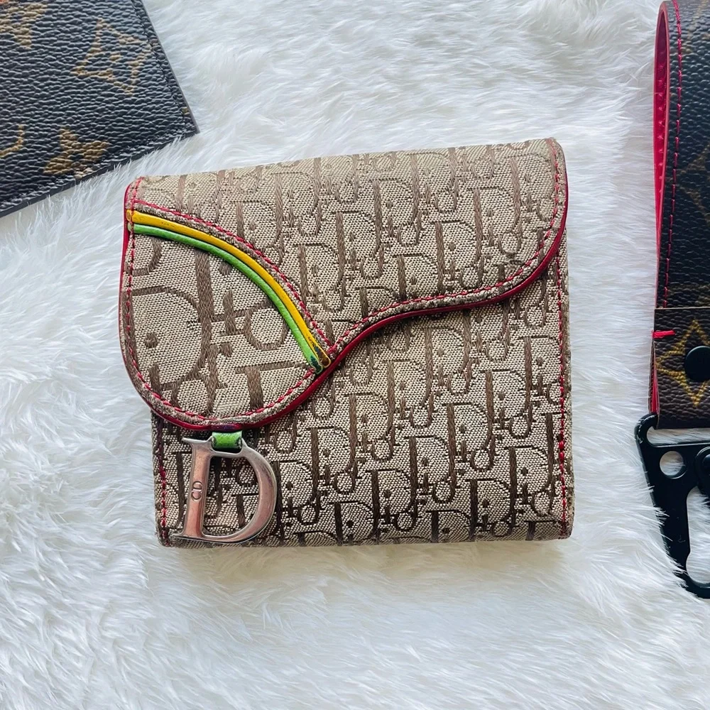 CHRISTIAN DIOR 🤍 Y2K 💙 DIORISSIMO CANVAS RASTA SADDLE WALLET ❤️ RARE 💛